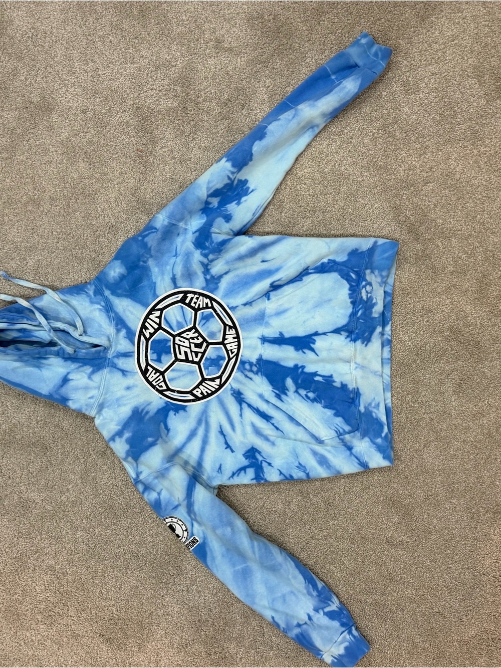 Blue Tie-Dye Pullover Hoodie with Soccer Emblem